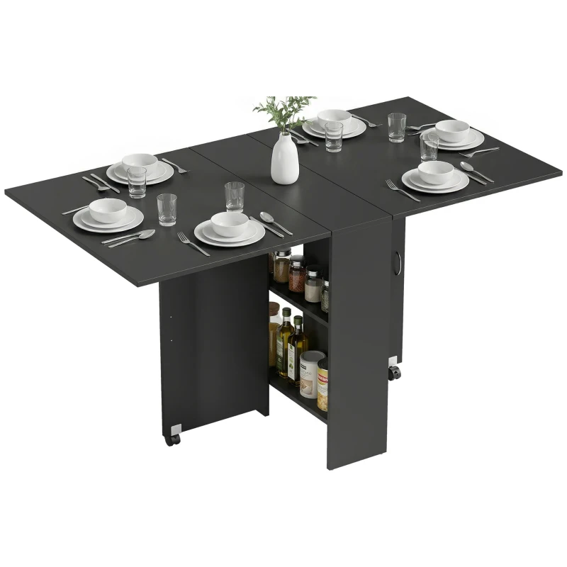 HOMCOM Mesa de Cocina Plegable con 2 Ruedas 2 Estantes de Almacenaje y 2 Alas Abatibles Estilo Moderno 75x140x74 cm Negro