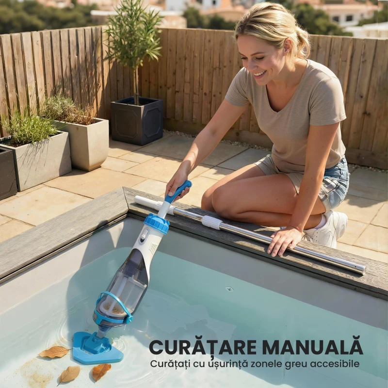 Outsunny Aspirator pentru Piscină Portabil Fără Fir, cu Perie, Ușor, cu Mâner Reglabil 63-150 cm pentru Piscine Mici, Spa, Iazuri