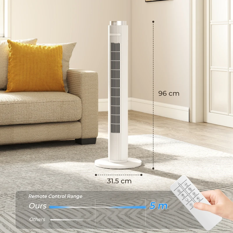 HOMCOM 96 cm Tower Fan with WiFi App Control, Standing Floor Fan with 3 Speed 4 Modes, 12 Hour Timer and Night Light White