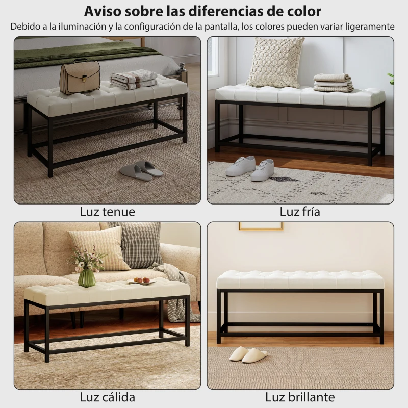 HOMCOM Banco Pie de Cama Tapizado en Terciopelo Diseño Capitoné Base de Metal para Dormitorio Entrada Salón Crema