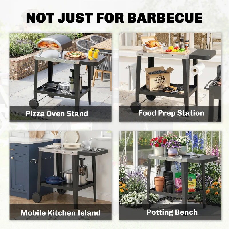 Outsunny Kitchen Trolley with Wheels, Serving Cart with Hooks, Paper Roll & Towel Holder, Stainless Steel, 115 x 67.5 x 80.5 cm Black