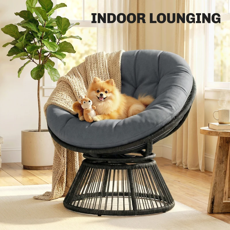 Outsunny Cadeira Papasan 360° giratória Cadeira de vime com almofada Estrutura de aço Poltrona redonda em rattan Poltrona lounge Cinza