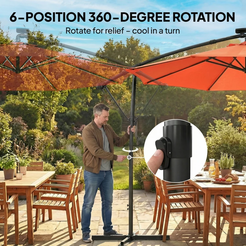 Outsunny 3 m Garden Cantilever Parasol with LED Solar Light, Round Overhanging Umbrella with 360° Rotation, Cover, Orange