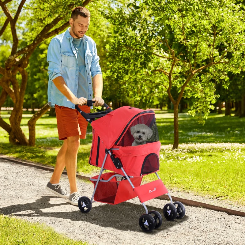 PawHut Passeggino per Cani Piccoli Pieghevole, Carrozzina per Cani con Ruote con Freni, Portabicchieri, Cestino Portaoggetti, 3 Finestre e Ruote Anteriori a 360°, per Animali Domestici 10 kg, Rosso