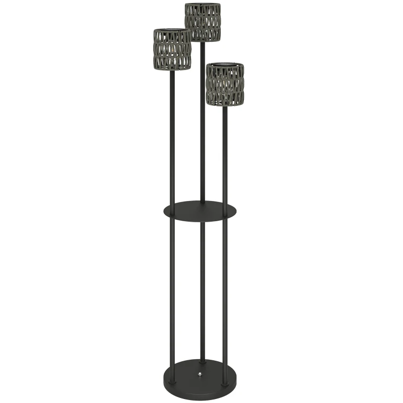 Outsunny Boho Rattan Floor Lamp, 3-Lights Rattan Lamp with Shelf, Freestanding Solar Garden Light with Auto On/Off Lights, Grey