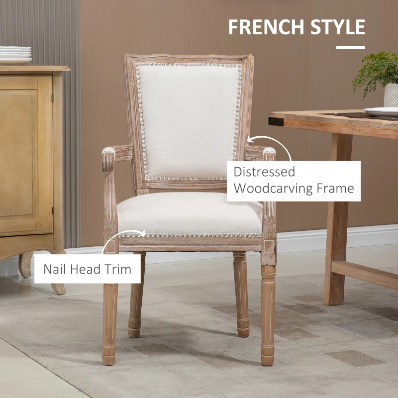 HOMCOM Krzesło do jadalni, krzesło kuchenne, dekoracyjne gwoździe, francuski rustykalny styl, drewno kauczukowe, kremowy, 54,5 x 59 x 96 cm