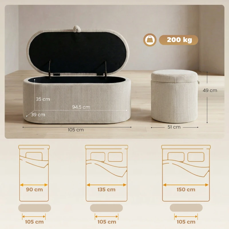 HOMCOM Otoman de arrumação, estofamento em cotelê com assento acolchoado, banco no pé da cama, 105 x 51 x 49 cm, bege