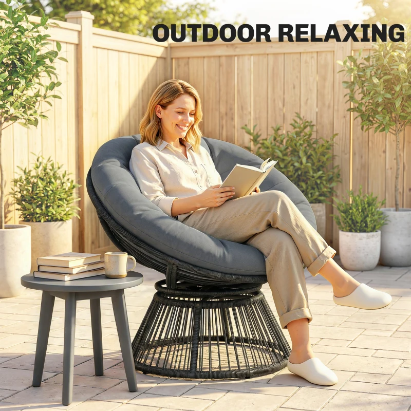 Outsunny Papasan-stoel 360° draaibaar Rieten stoel met Kussen Stalen frame Ronde Loungestoel Grijs