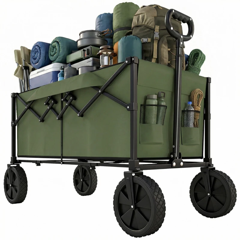 Outsunny 95L Foldable Festival Trolley on Wheels, Collapsible Wagon Cart with Adjustable Handle and 2 Cup Holders, Dark Green