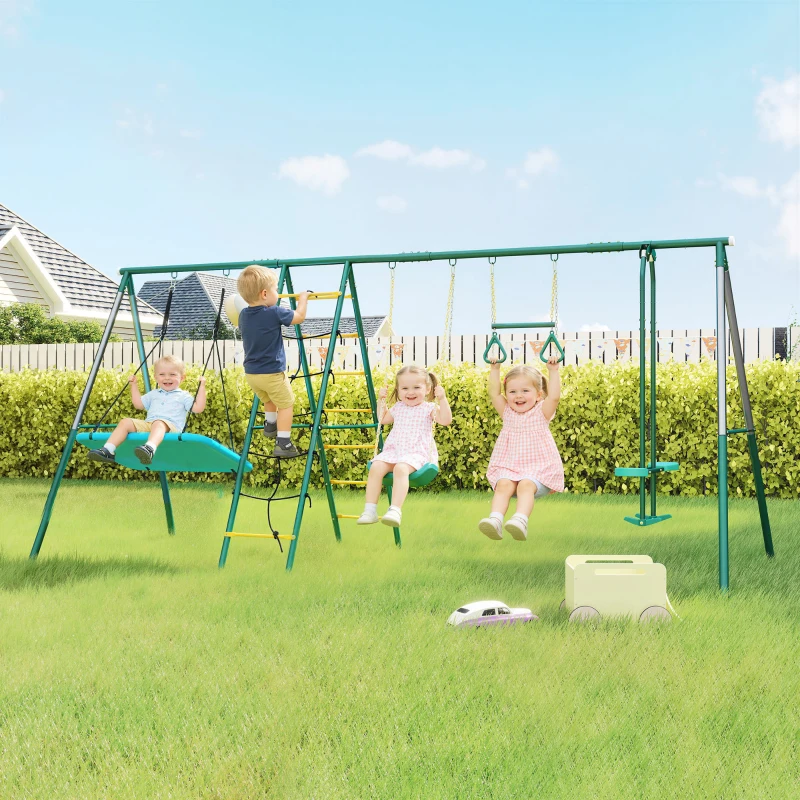 AIYAPLAY 5-in-1 schommelrek met verstelbare nestschommel, turnringen, tweezitter, klimrek voor 3-8 jaar 440x175x203 cm