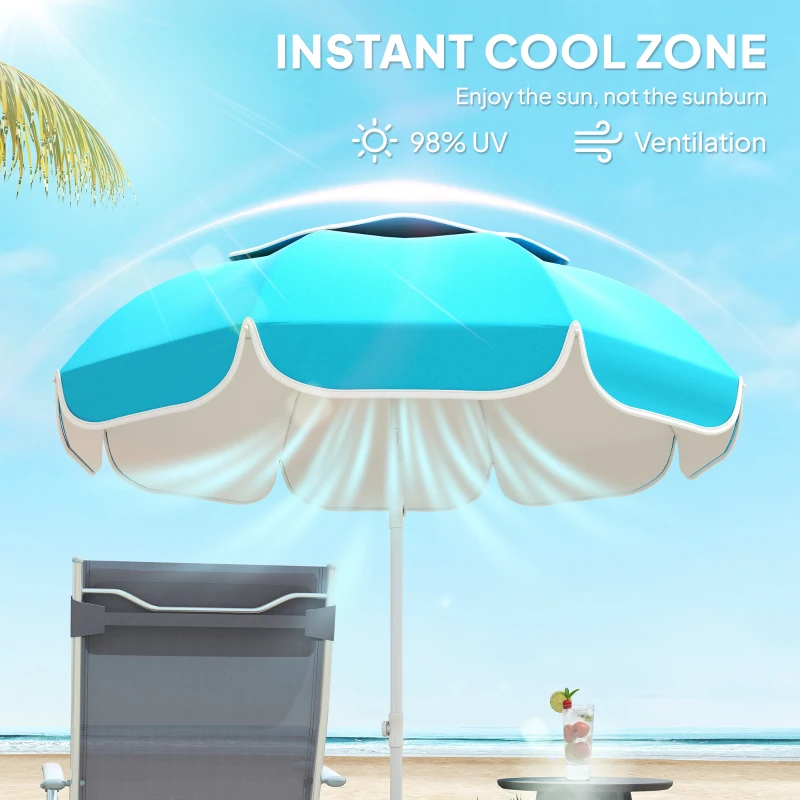 Outsunny Beach Umbrella Portable with Sand Anchor, Carry Bag, Adjustable Height & Tilt, UPF50+ UV Protection, Blue