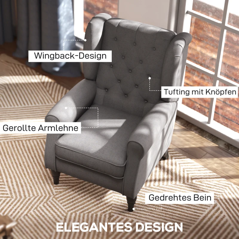 HOMCOM Elegante Oorfauteuil, Dik Gepolsterd, Afneembare Hoes, 74 x 86 x 102 cm, grijs+zwart(m-4)