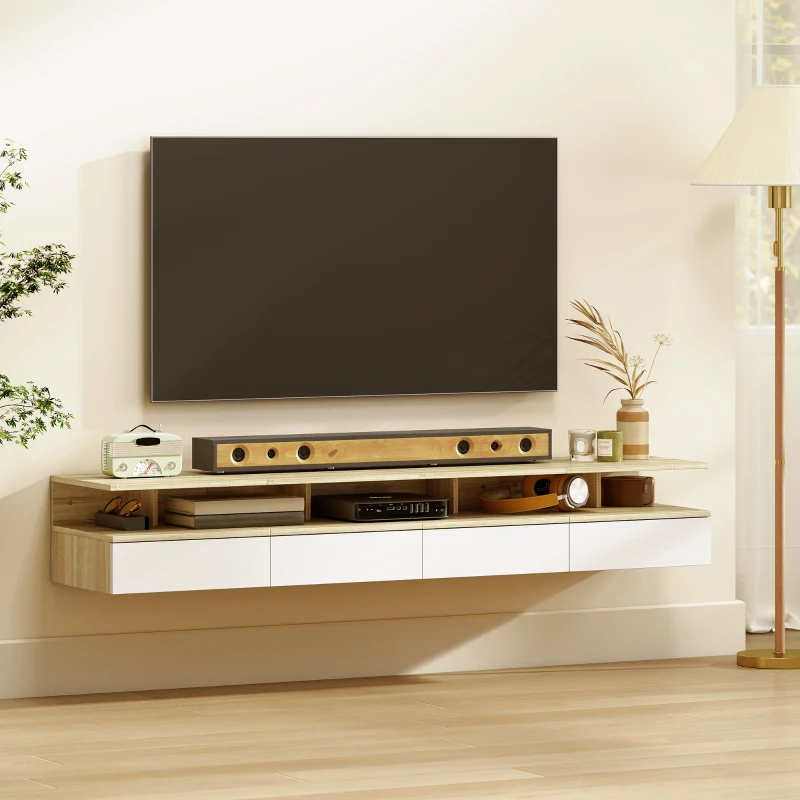 HOMCOM Set di 2 Comodini Sospesi con Cassetto e Mensola Aperta, 35x32x22.5 cm, Bianco e Rovere