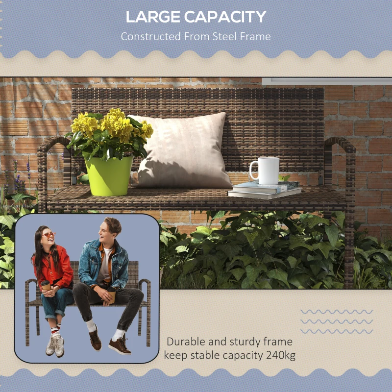 Outsunny All Weather Wicker Garden Loveseat, 2 Seater Poly Rattan Garden Bench, Outdoor Seating Bench Brown