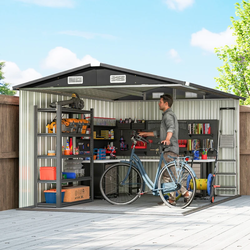 Outsunny 12 x 8 ft Garden Shed, Outdoor Storage Shed with 4 Vents and Lockable Double Doors, Dark Grey