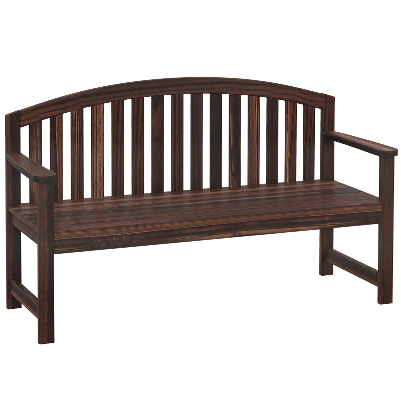 Outsunny 2 Seater Wooden Garden Bench with Armrest, Outdoor Furniture Chair for Park, Balcony, Carbonised Finish