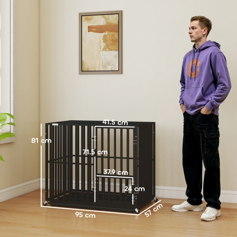 PawHut Heavy Duty Dog Crate, Dog Cage with Wheels for Medium Large Breeds, Metal Pet Kennel with Removable Tray