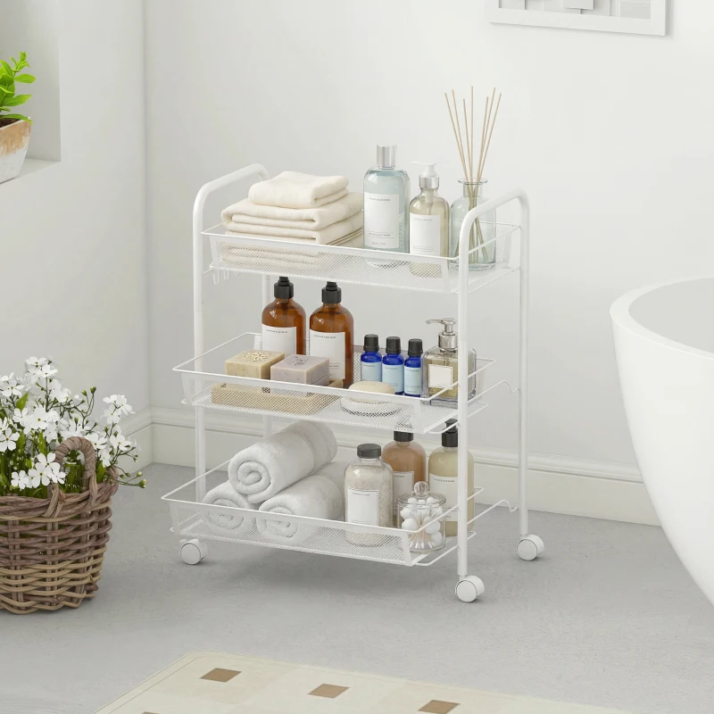 HOMCOM Carrito de 3 niveles con cestas, carrito con ruedas, carro de almacenamiento rodante 45 x 26,5 x 63 cm blanco