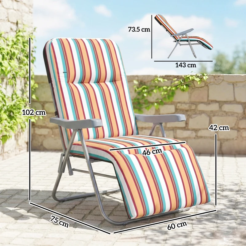 Outsunny Set of 2 Foldable Patio Sun Lounger with Adjustable Backrest and Cushion, Multicoloured