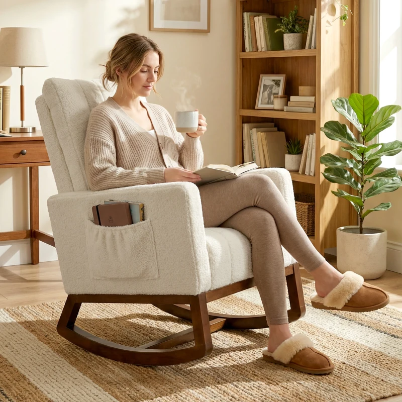 HOMCOM Fauteuil à bascule, rocking chair en flanelle neige rembourré, coussin lombaire, dossier haut, poches latérales, crème