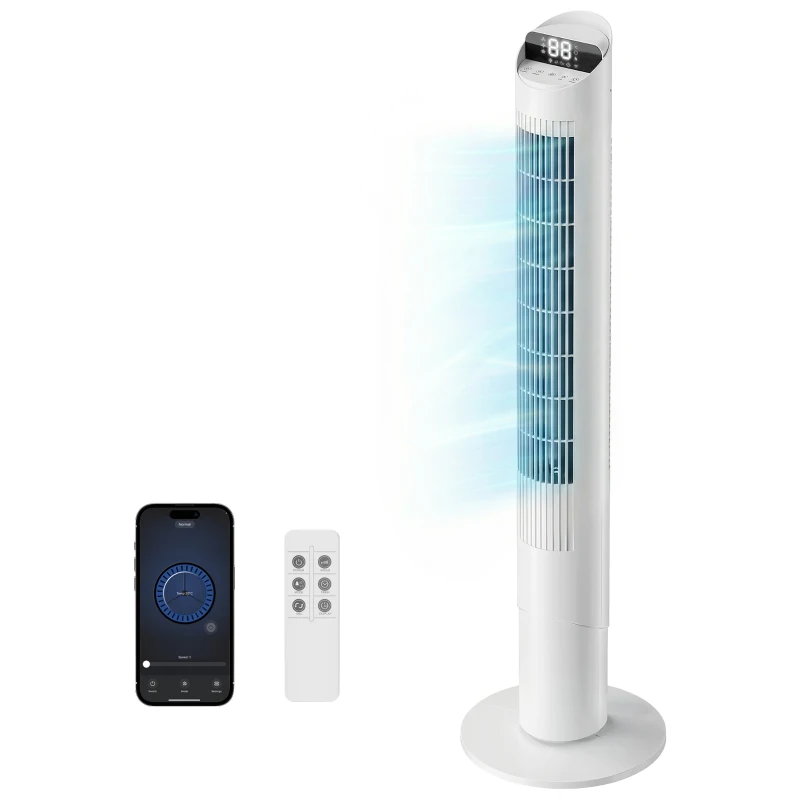 HOMCOM Tower Fan with WiFi App Control Standing Floor Cooling Fan Remote Control 101.8 cm White