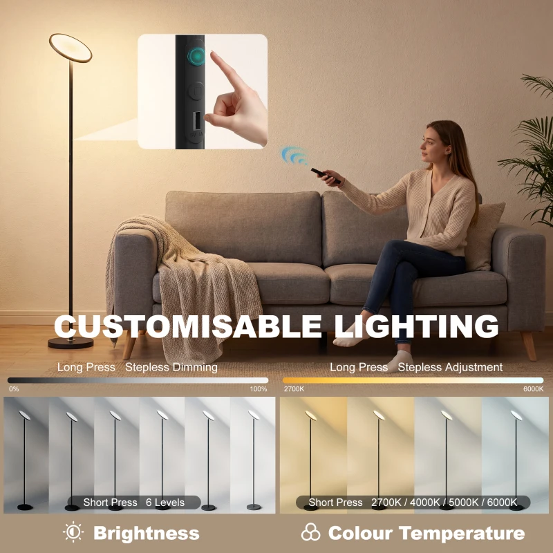 HOMCOM Uplighter Floor Lamp with Tuya App and Music Sync, Standing Lamp with Adjustable Head for Living Room Bedroom, Black