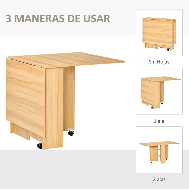 HOMCOM Mesa de Comedor Plegable con Ruedas Mesa Auxiliar Multifuncional con Alas Abatibles y Estantes 140x80x74cm Madera