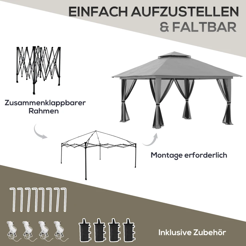 Outsunny Tuinpaviljoen 4x4 met Ventilatiedak, Snelle Montage en 4 Gaaswanden, Donkergrijs