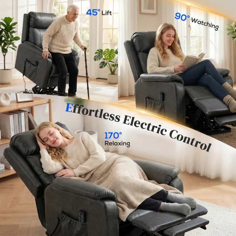 HOMCOM Fotel dla seniorów z funkcją podnoszenia i relaksu, elektryczny fotel z ekoskóry, podwójny silnik, sprężyny kieszeniowe, czarny