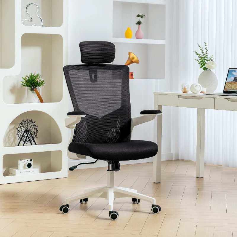 HOMCOM Ergonomischer Bürostuhl, Bürosessel, klappbare Armlehnen, Lendenstütze, Kopfstütze, 60x63x120cm, schwarz