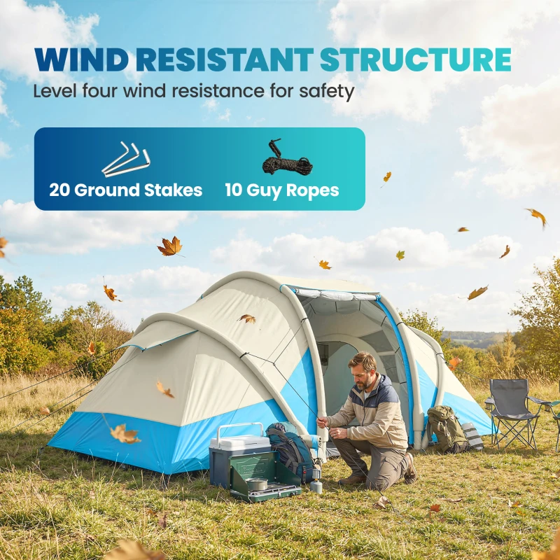 Outsunny Inflatable Tent 2 Bedroom 3000mm Waterproof Windproof Air Tent with Carry Bag for 2-4 Person