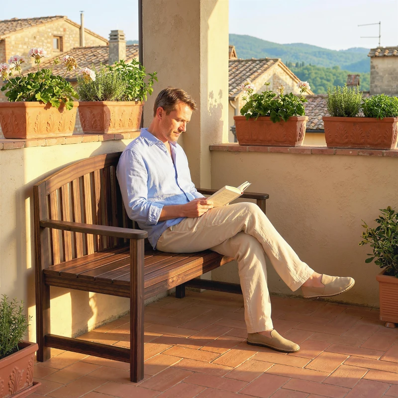 Outsunny 2 Seater Wooden Garden Bench with Armrest, Outdoor Furniture Chair for Park, Balcony, Carbonised Finish