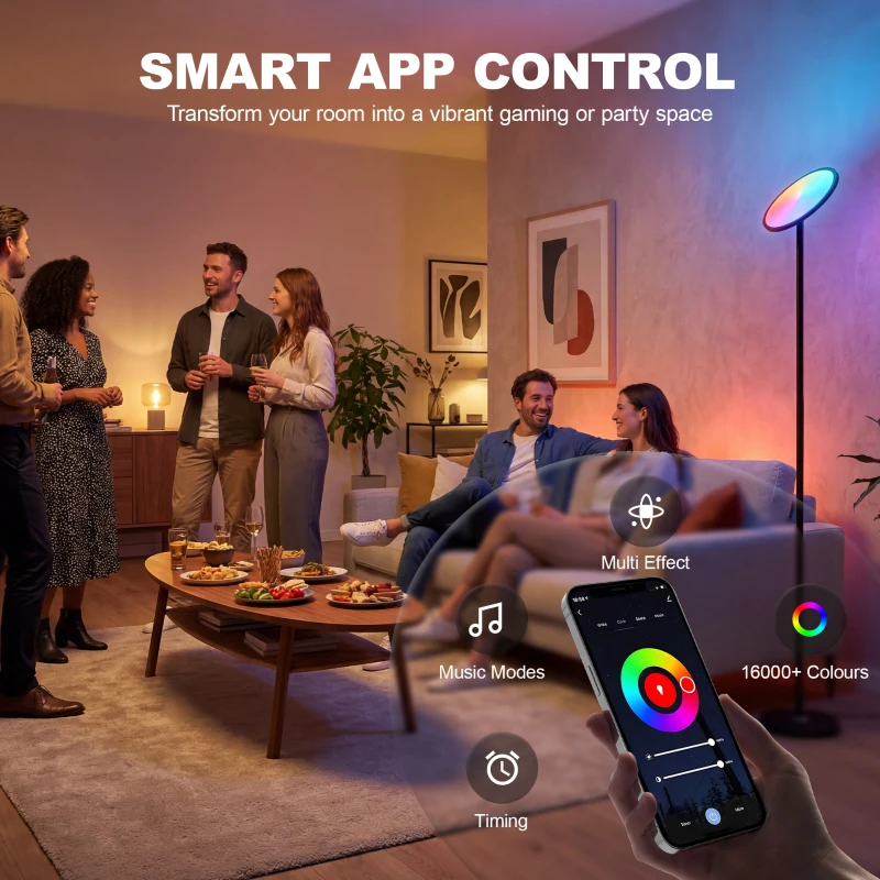 HOMCOM Uplighter Floor Lamp with Tuya App and Music Sync, Standing Lamp with Adjustable Head for Living Room Bedroom, Black