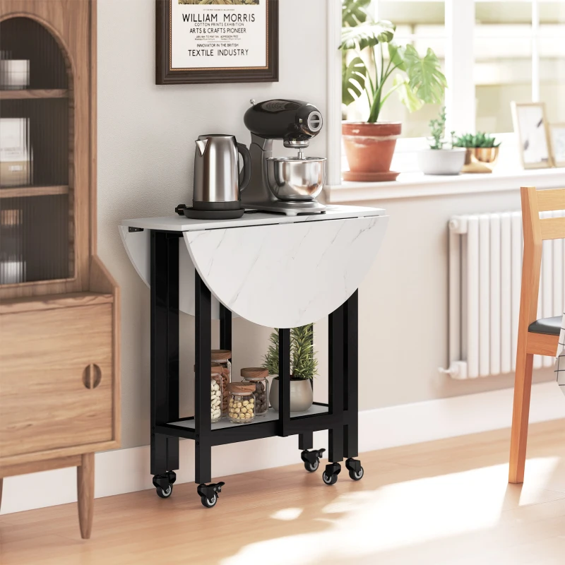 HOMCOM Folding Dining Table, Drop Leaf Table with Open Shelf, Rolling Kitchen Table for Dining Room, Small Spaces, White Marble