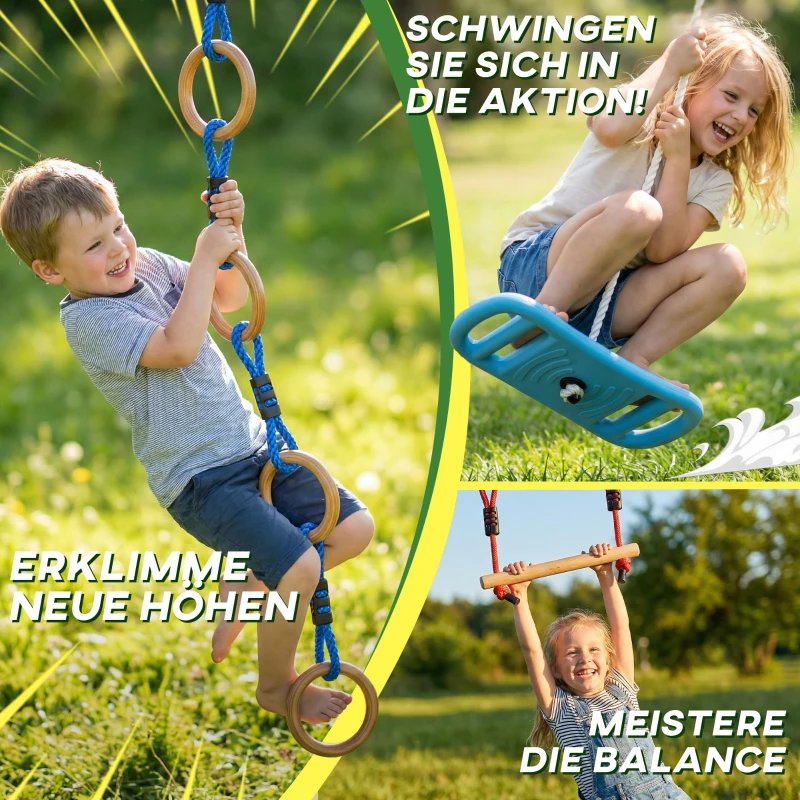 AIYAPLAY Ninja Line kinderen 10 m 9-delig Slackline Set met 2 turnringen, 3-in-1 schommel, 2 klimstangen voor 3-8 jaar meerkleurig