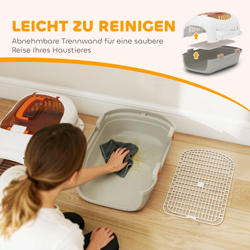PawHut Transportbox voor kat en miniatuurhonden tot 4 kg, hondenbox met dakopening en voerbak, 49x32x31 cm, lichtgrijs