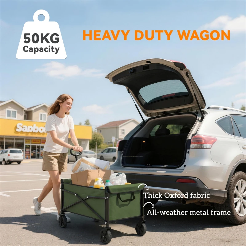 Outsunny 81L Festival Trolley on Wheels, Compact Garden Folding Trolley Cart with Adjustable Handle 80L Green