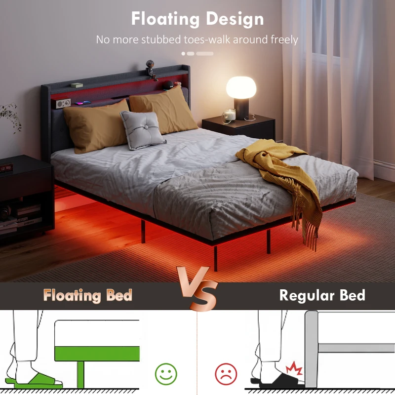 HOMCOM Floating Bed Frame, Upholstered 4ft6 Double Size Bed, Platform Bed with RGB LED Lights and Charging Station, Grey