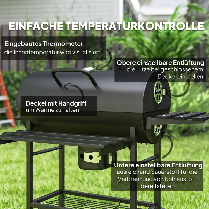 Outsunny Houtskoolgrill van Staal BBQ Smoker met Deksel Handgrepen Thermometer Wielen Verplaatsbaar 114 x 65 x 95 cm