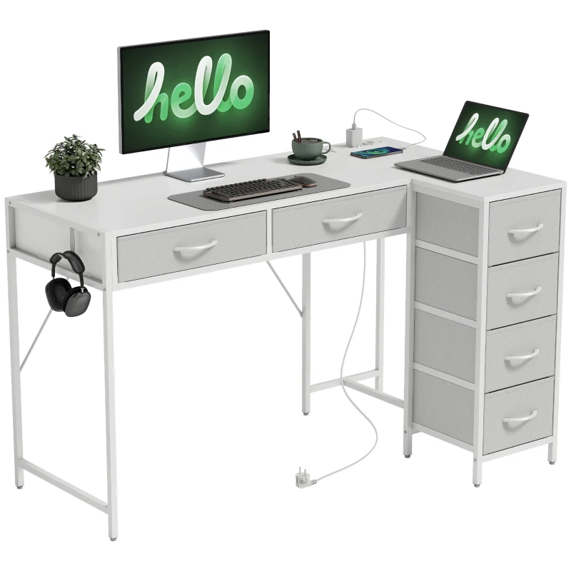 HOMCOM Scrivania Angolare con 6 Cassetti, Gancio Laterale e Prese Integrate, in Legno e Acciaio, 126x48x80 cm, Bianco