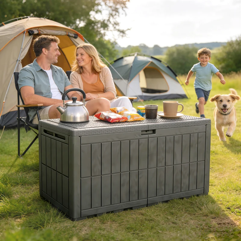 Outsunny 440L Garden Storage Box, Waterproof & UV Resistant Resin Deck Box with Lockable Lid, Pneumatic Gas Rods, Side Handles