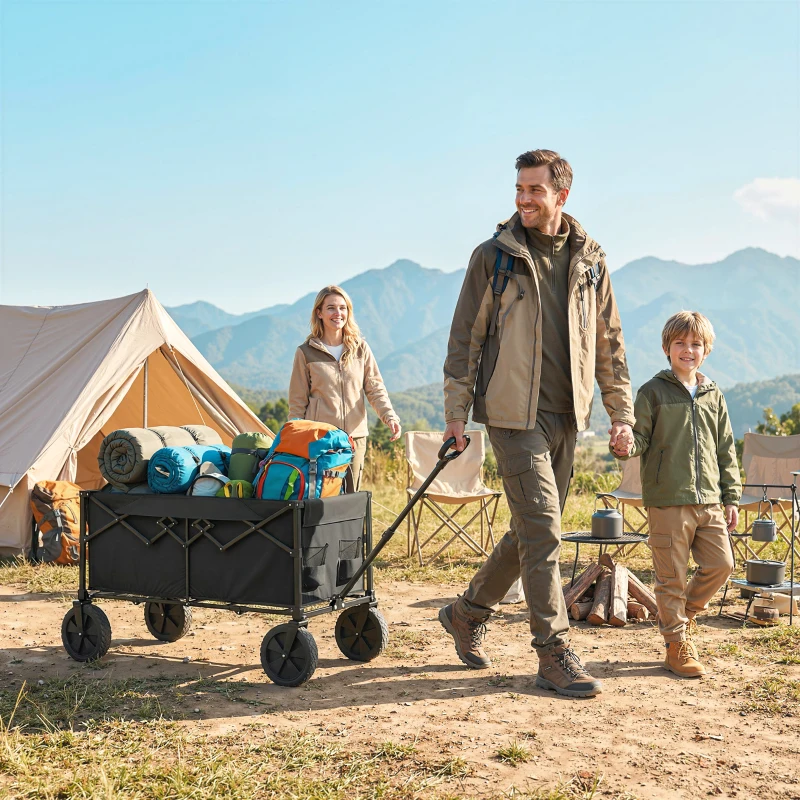 Outsunny 95L Foldable Festival Trolley on Wheels, Collapsible Wagon Cart with Adjustable Handle and 2 Cup Holders, Black