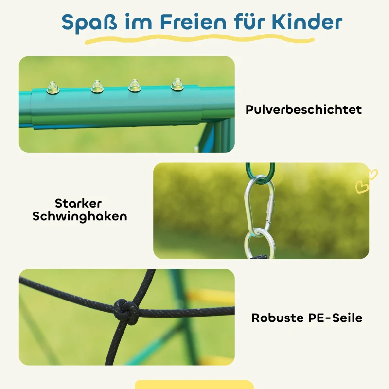 AIYAPLAY 5-in-1 schommelrek met verstelbare nestschommel, turnringen, tweezitter, klimrek voor 3-8 jaar 440x175x203 cm