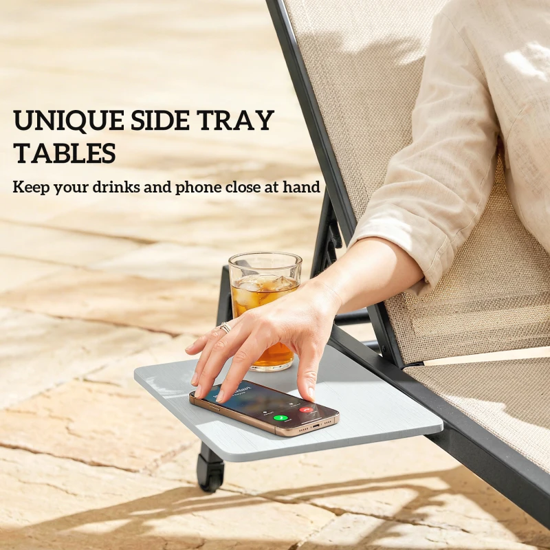 Outsunny Sun Loungers Set of 2 with Side Tray Table, Garden Recliners with 5-Position Adjustable Backrest, 2 Wheels, Khaki