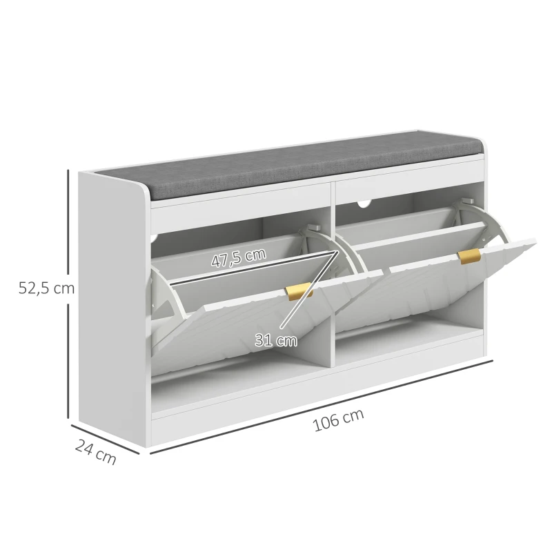 HOMCOM Panca porta scarpe, panca portaoggetti, asse seduta imbottita, cassetto ribaltabile, 106 x 24 x 52,5 cm, bianco
