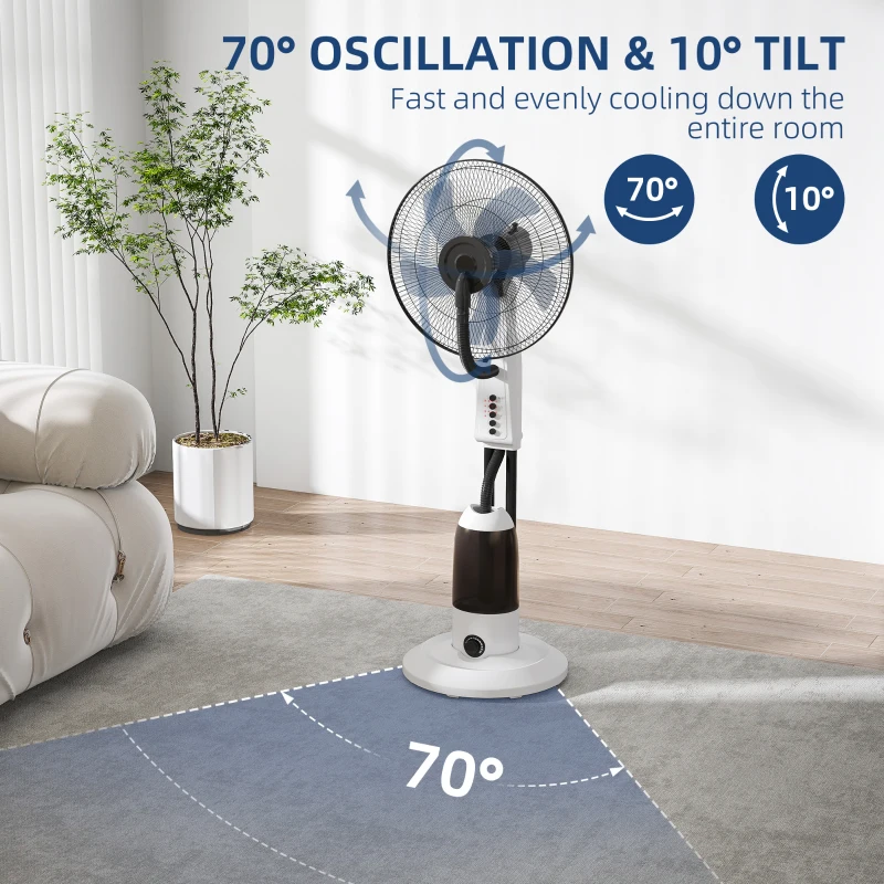 HOMCOM Spray Misting Fan, Floor Fan with Water Mist Spray, 70° Oscillation, Tilt Head, 3 Speeds, 2.8L Water Tank, White