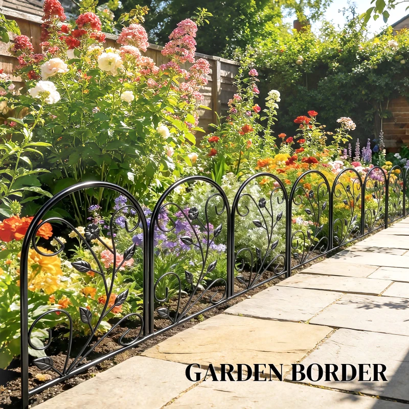 Outsunny Cerca de Jardim em Metal 80 x 60 cm - Conjunto Decorativo de Grade com Base para Jardim, Canteiros de Flores, Barreira para Animais, Preto