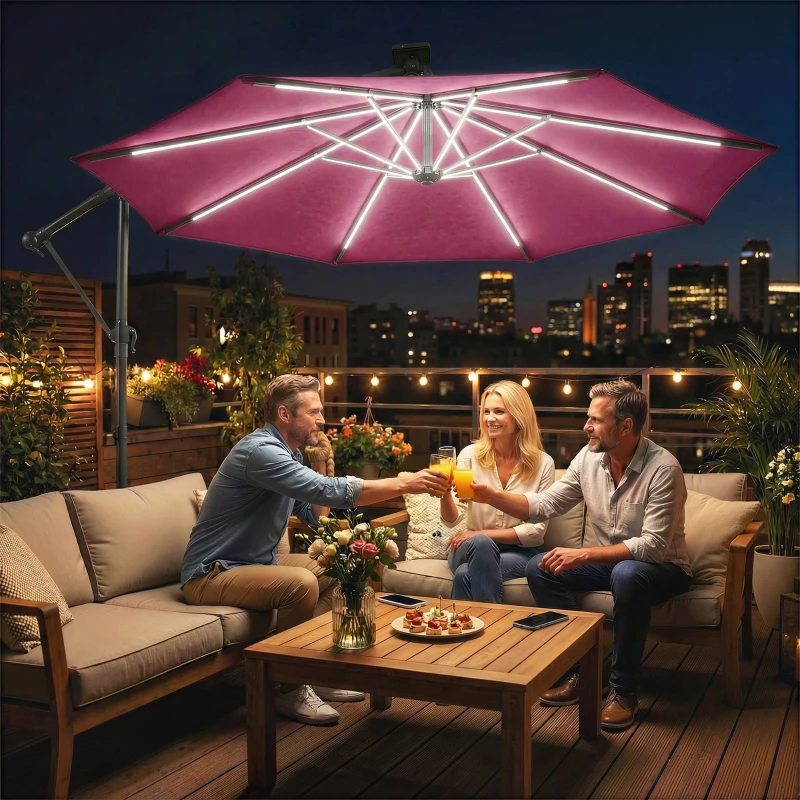 Outsunny 3 m Garden Cantilever Parasol with LED Solar Light, Round Overhanging Umbrella with 360° Rotation, Cover, Wine Red