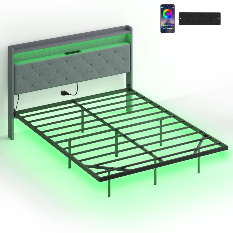 HOMCOM Floating Bed Frame, Upholstered 5ft King Size Bed, Platform Bed with RGB LED Lights and Charging Station, Grey