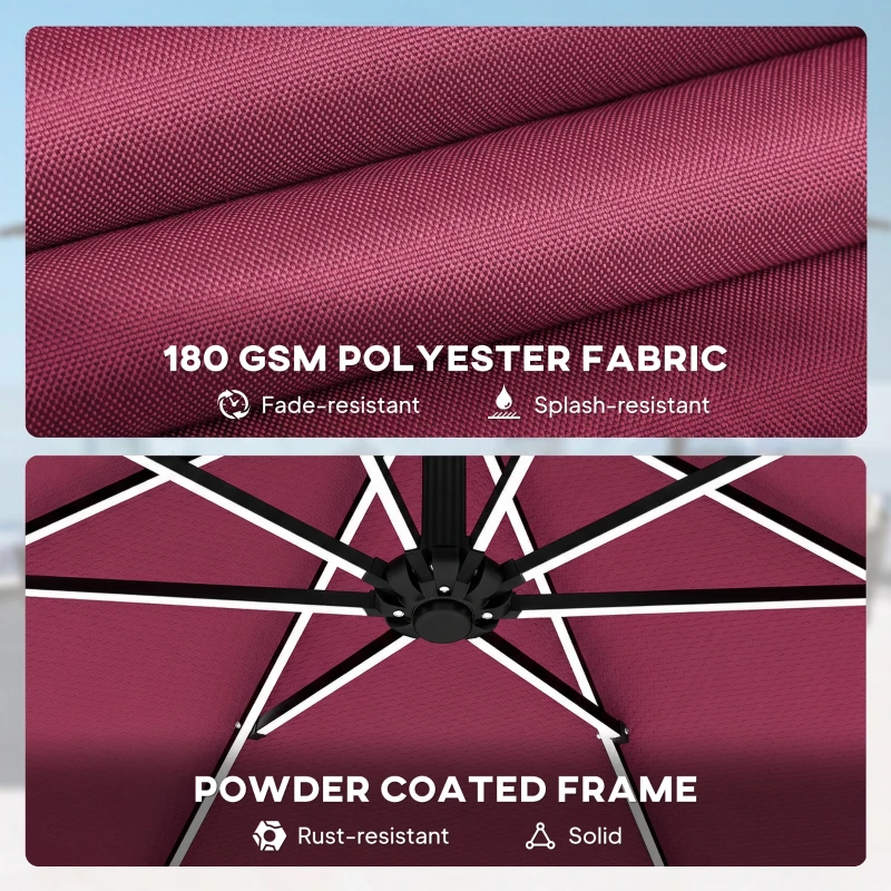 Outsunny 3 m Garden Cantilever Parasol with LED Solar Light, Round Overhanging Umbrella with 360° Rotation, Cover, Wine Red